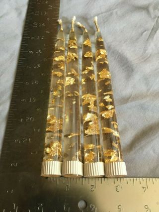 Set Of 4 Vintage Lucite Acrylic Gold Clear Candles Gold Flakes Plastic Candle