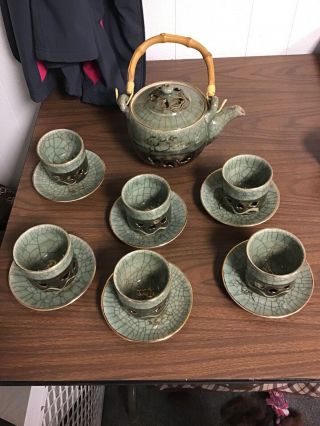 Vintage Somayaki Japan Teapot With Cups Sake Set Double Wall Galloping Horse Cut