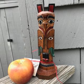 8 " Painted Carved Wood Totem Pole Hand Made By Black Diamond Cove Alaska