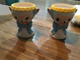 Royal Sealy Japan White And Blue Cat W/yellow Hat Egg Cups 2