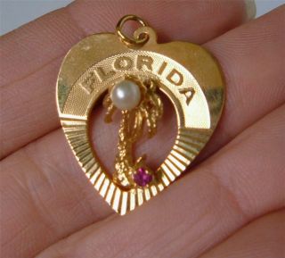 Vintage 12k Gold Fill Florida Heart Palm Tree Charm Pendant Faux Pearl Ruby