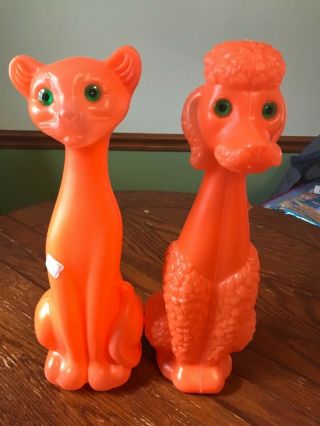 Vintage Orange Cat & Poodle Dog Plastic Blow Mold Halloween Banks Green Eyes