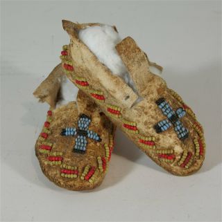 1880s Pair Native American Cheyenne Indian Bead Decorated Hide Moccasins Childs