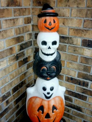 Htf Halloween Blow Mold Totem Stack Pumpkin Cat Skull Ghost Lighted Plastic 32 "