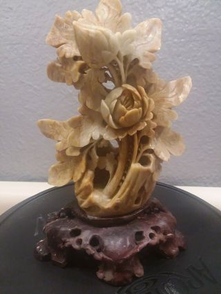 Vintage Chinese Hand Carved Soapstone Vase With Roses On Pedestal 4 3/4 Inch