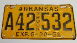 Vintage Arkansas 1951 Truck License Plate Yellow Black Pick Up Barn Fresh