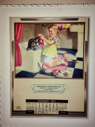 1951 Signed Frahn Oneonta Ny Advertisement Calendar Girl & Spaniel Dog