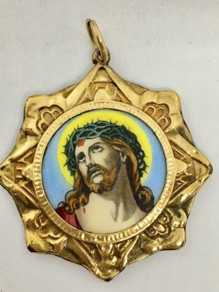 Antique Hand Painted Mary And Jesus Gold Filled Two - Sided Enamel Pendant