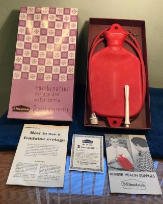 Vintage B.  F.  Goodrich Hot Water Bottle W/ Syringe In Orignal Box 25 - C Sunburst