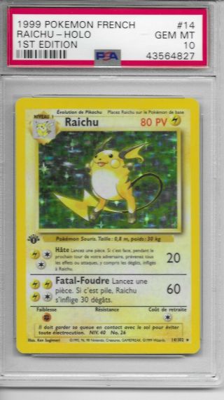 1999 Pokemon French 1st Edition Holo Raichu 14 Psa 10 Gem Holobleed