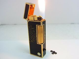 Dunhill Rollagas Lighter Black Lacquer Gold Gas Leaks W/4p O - Rings Auth Swiss