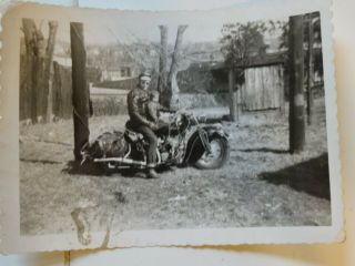 Vintage Snapshot Photo 3 1/2 X 5 Biker & Boy On Old Harley Davidson Motorcycle