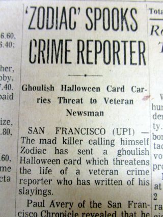 1970 Newspaper With Coverage Of The Zodiac Killer Serial Murderer In California