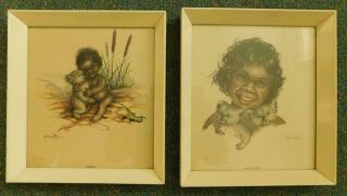 P14 2x Peg Maltby Kitsch Australian Aboriginal Children Prints C1950s