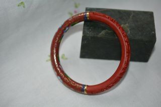 Vintage Chinese Carved Red Cinnabar Cloisonné Enamel Floral Bangle Bracelet