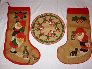 Vtg Burlap Christmas Stockings & Tree Skirt Swedish Elf Gnome Sweden Nisse Tomte