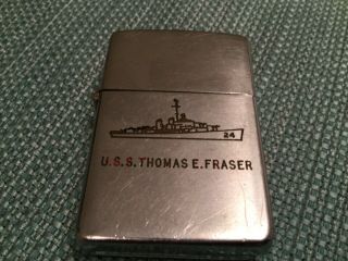 Early 1940’s Zippo — “u.  S.  S.  Thomas E.  Fraser” W/pic Of Ship Engraved With ‘24”