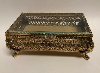 Vintage Stylebuilt Gold Ormolu Beveled Glass Jewelry Casket Trinket Box Vanity