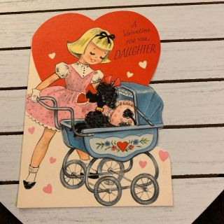 Vintage Greeting Card Valentine Daughter Doll Stroller Poodle Rust Craft