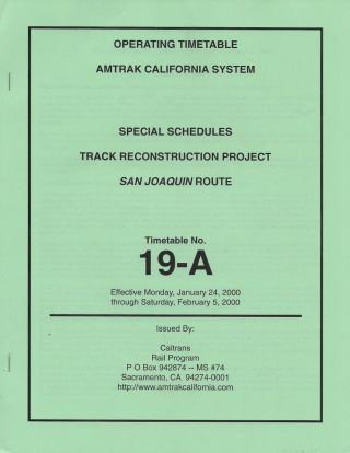 2000 Amtrak California System Operating Timetable 19 - A