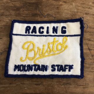 Vintage Bristol Racing Mountain Staff Sew On Patch White Blue Script Logo
