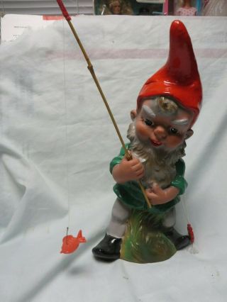 Vintage 11 " Heissner Garden Gnome,  Elf,  Leprechaun,  Seit,  Figure,  Figurine,  Fishing Po