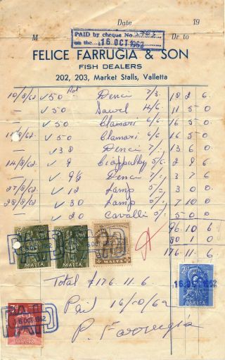 Malta 1962,  Invoice With Postage Stamps As Revenues.  B225