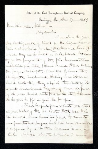 1859 East Pennsylvania Railroad Reading Pa Company Stockholder Letterhead Letter
