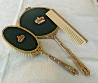 Rare Vintage Vanity Grooming Set Mirror Brush Comb Black & Gold Art Deco Jeweled