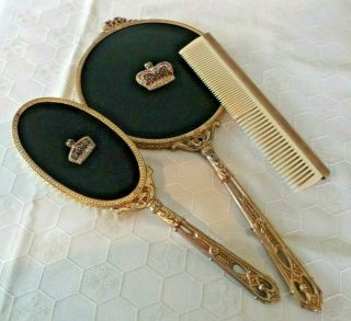 RARE Vintage Vanity Grooming Set Mirror Brush Comb Black & Gold Art Deco jeweled 2