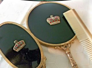RARE Vintage Vanity Grooming Set Mirror Brush Comb Black & Gold Art Deco jeweled 4