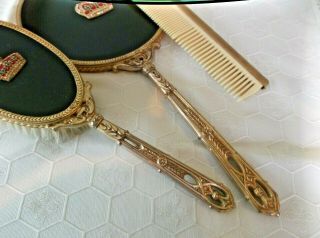 RARE Vintage Vanity Grooming Set Mirror Brush Comb Black & Gold Art Deco jeweled 5