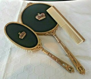 RARE Vintage Vanity Grooming Set Mirror Brush Comb Black & Gold Art Deco jeweled 6