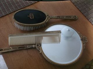 RARE Vintage Vanity Grooming Set Mirror Brush Comb Black & Gold Art Deco jeweled 7