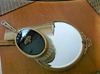 RARE Vintage Vanity Grooming Set Mirror Brush Comb Black & Gold Art Deco jeweled 8