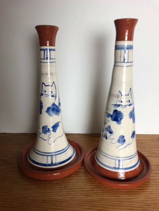 Limited Edition Whimsical Pottery Cat Candle Holder Pair,  Signed Joni Conrad