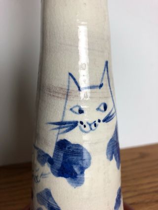 Limited Edition Whimsical Pottery Cat Candle Holder Pair,  Signed Joni Conrad 3