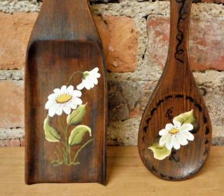 Vintage Folk Art Butter Paddle Spoon Primitive Wood Tole Painted Hanging Decor