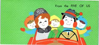 From Five Of Us Family Mom Dad Kid Lady Girl Car Vtg Christmas Greeting Card