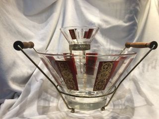 Mid Century Modern 1960s Clear,  Red,  Gold Glass And Metal Chip And Dip Set,  Bowl