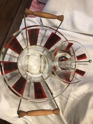 Mid Century Modern 1960s Clear,  Red,  Gold Glass and Metal Chip and Dip Set,  Bowl 4