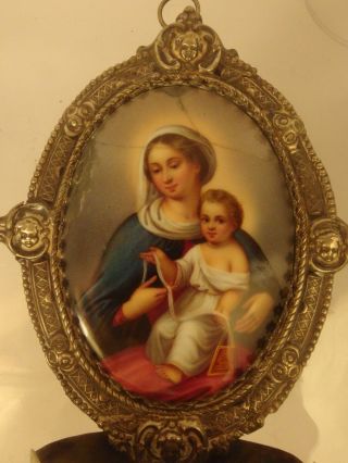 2754 Enamel Porcelain Medallon Virgin Madona Pewter Holy Water Font Spain 1880