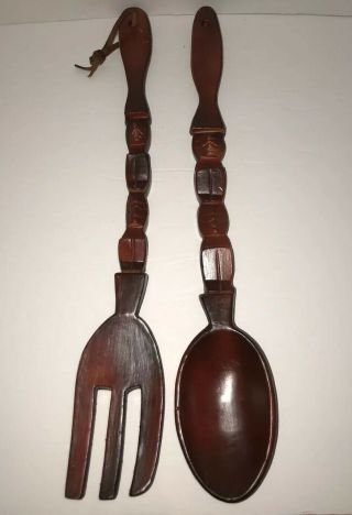 Vintage Hanging Wooden Fork And Spoon Wall Decor Tiki Totem 17 " Carved Wood