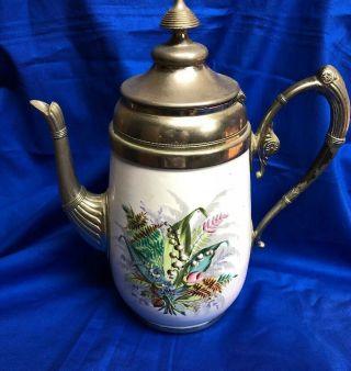 Antique Graniteware Coffee Pot With Flowers Pewter Trim