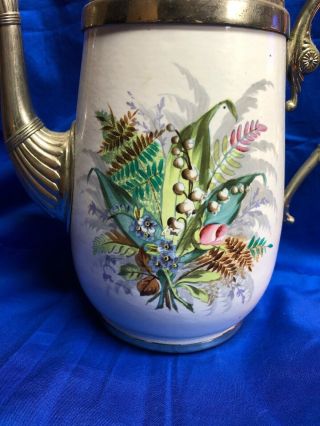 Antique Graniteware Coffee Pot with Flowers Pewter Trim 2