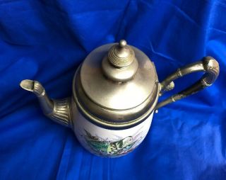Antique Graniteware Coffee Pot with Flowers Pewter Trim 3