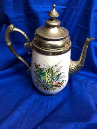 Antique Graniteware Coffee Pot with Flowers Pewter Trim 6