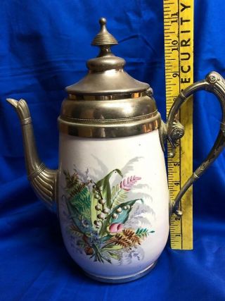 Antique Graniteware Coffee Pot with Flowers Pewter Trim 8