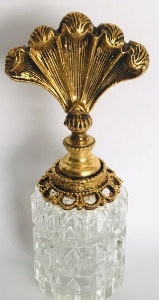 Vintage Gold Ormolu Decanter Metal Clear Glass Perfume Bottle Fan Dauber Estate
