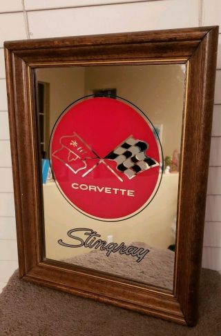 Vintage Logo Corvette Stingray Bar Sign Mirror W/wood Framed 15 " X 11”